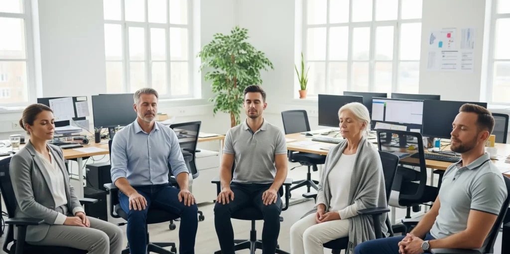 Séance de sophrologie en groupe dans une entreprise